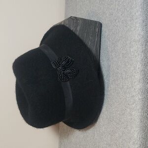 Black Wool Blend Hat with Beaded Bow